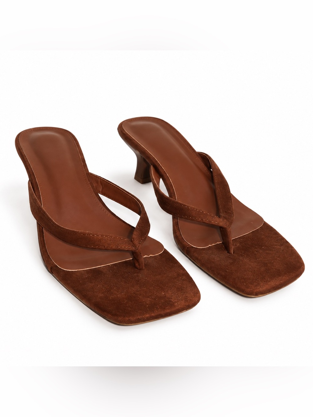 Brown Suede Square-Toe Kitten Heel Thong Sandals | Size 8
